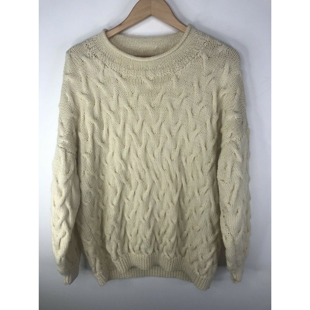 Handknit Sweater Mens 2XL 3D Soft Pullover White Ivory